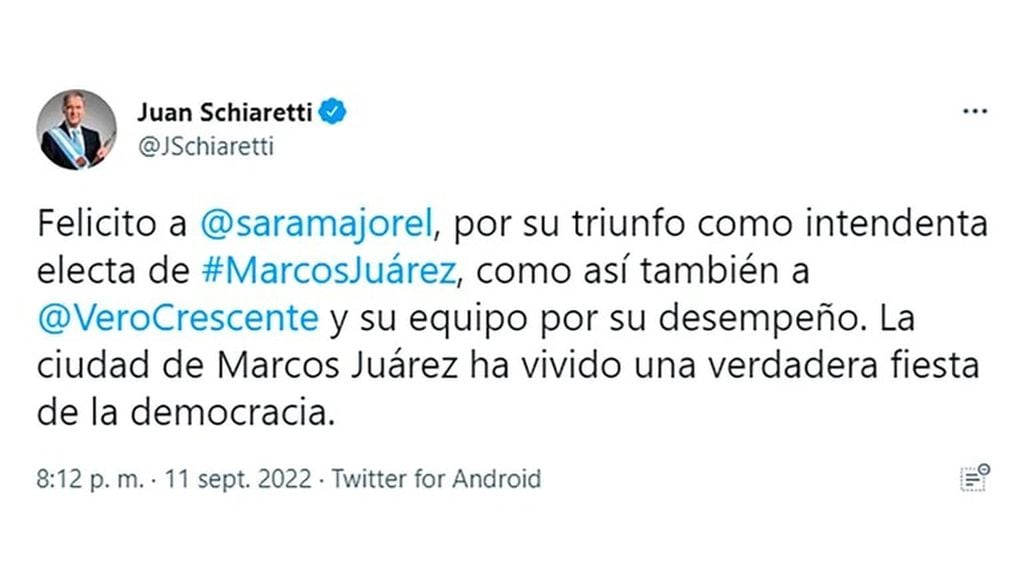 Mensaje de Juan Schiaretti tras el triunfo de Sara Majorel (JxC) en Marcos Juárez (Twitter)