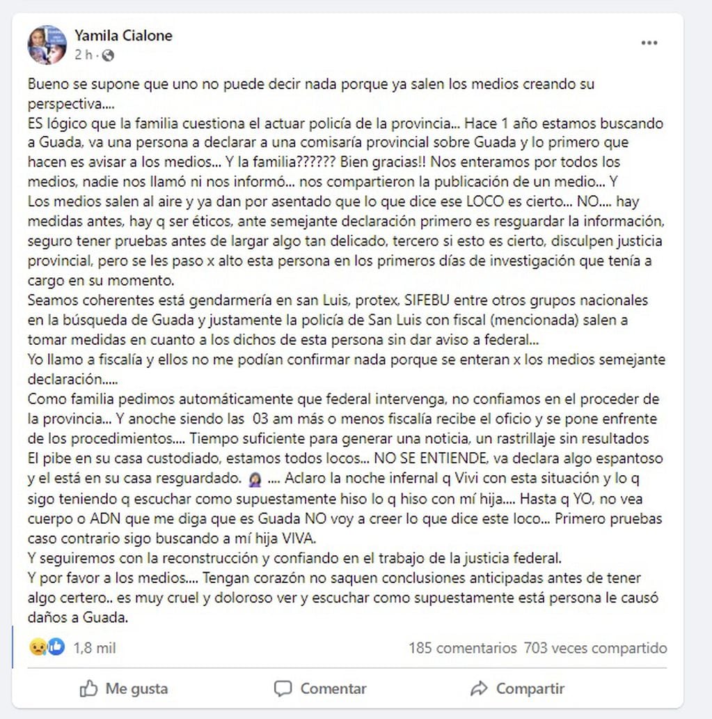 El descargo de Yamila Cialone, mamá de Guadalupe, tras la declaración del joven con esquizofrenia que se atribuyó la autoría del crimen de la nena (Facebook)