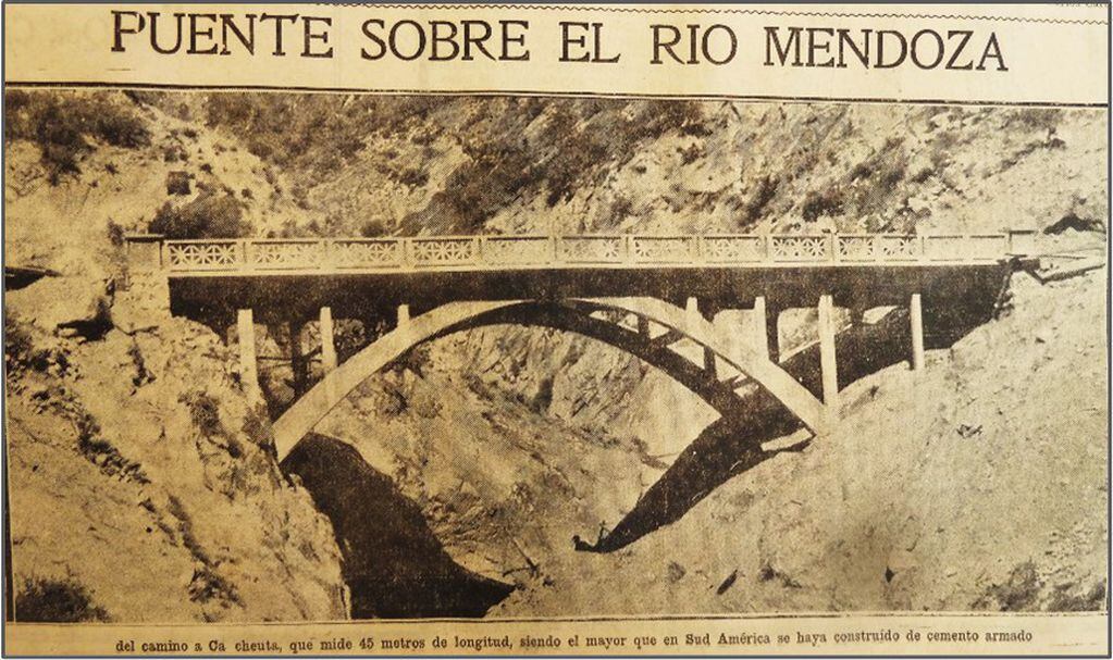 Puente sobre el Río Mendoza, camino a Cacheuta, 1928.
Fuente: La Palabra, 30 de enero de 1928.