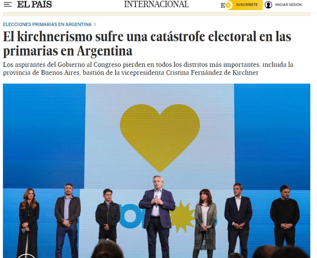 El País (España) fue muy duro con el kirchnerismo y catalogó la derrota como "catástrofe electoral". Foto: Captura Web.