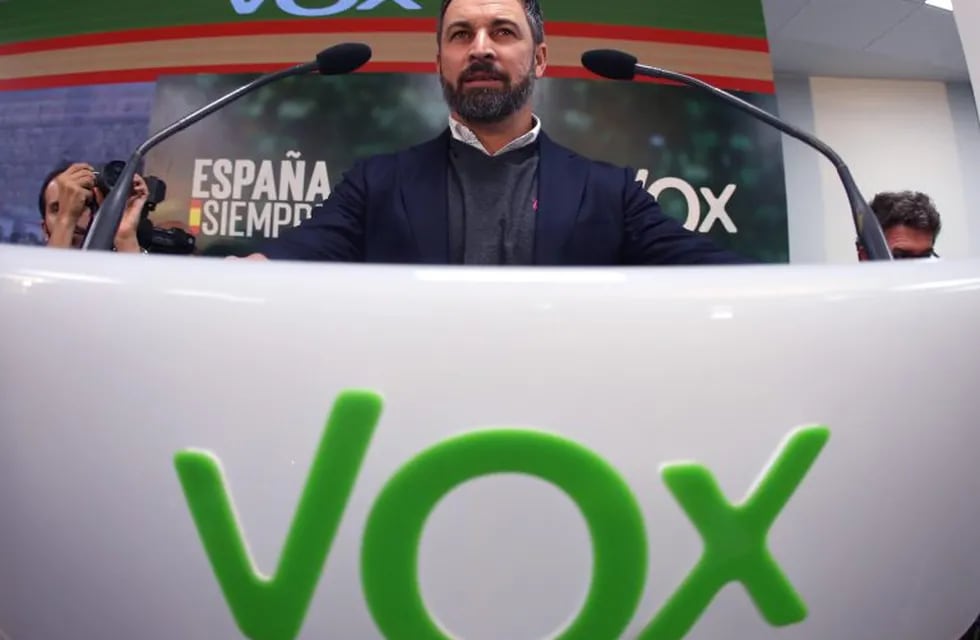 El presidente del partido de derecha Vox, Santiago Abascal, durante una rueda de prensa.