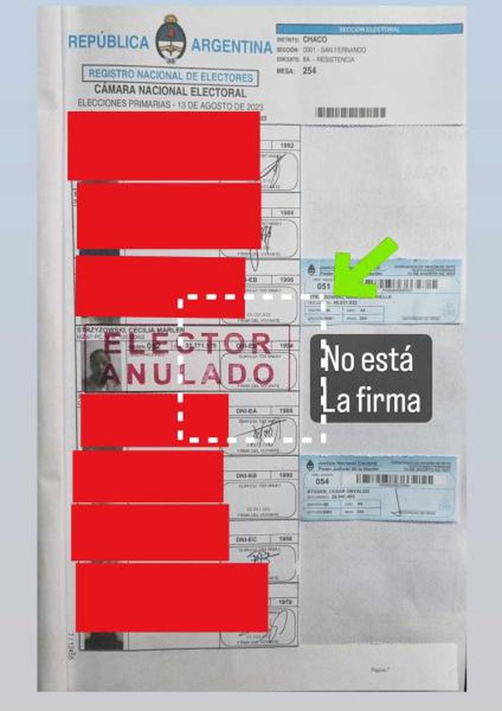 Imagen del padrón electoral de las elecciones primarias en la Argentina del 13 de agosto de 2023 cedida a la AFP por la Cámara Nacional Electoral. La intervención es del Juzgado Federal Electoral. Foto: Reverso