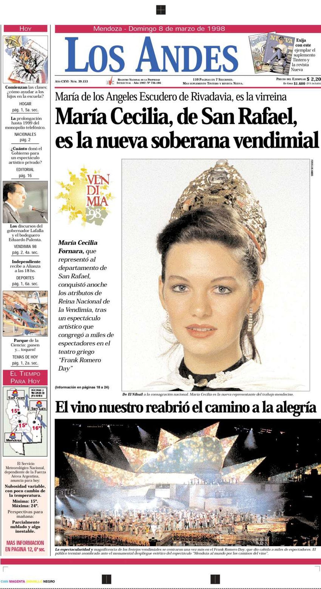 
Tapa histórica. El 8 de marzo de 1998, Los Andes reflejaba que la sanrafaelina Cecilia Fornara era la nueva reina.
