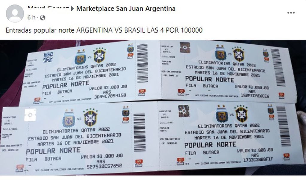 Hay reventa de entradas en las redes sociales para el partido Argentina vs. Brasil.