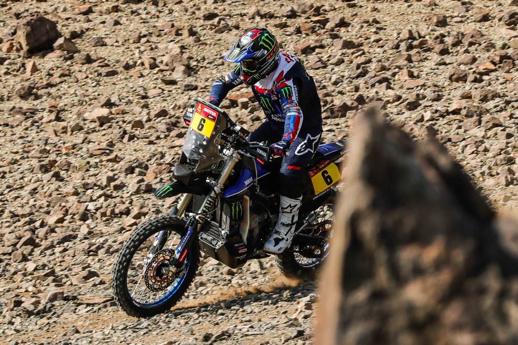 El argentino Franco Caimi, de Mendoza, piloto oficial de Yamaha, durante la edición 2021 del Rally Dakar.