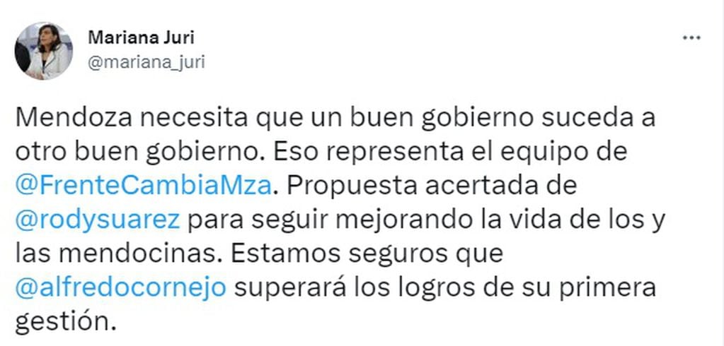 Tuit de Mariana Juri sobre candidatura de Alfredo Cornejo