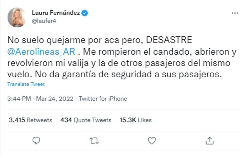 Laurita Fernández se quejó en Twitter al irse de Mendoza