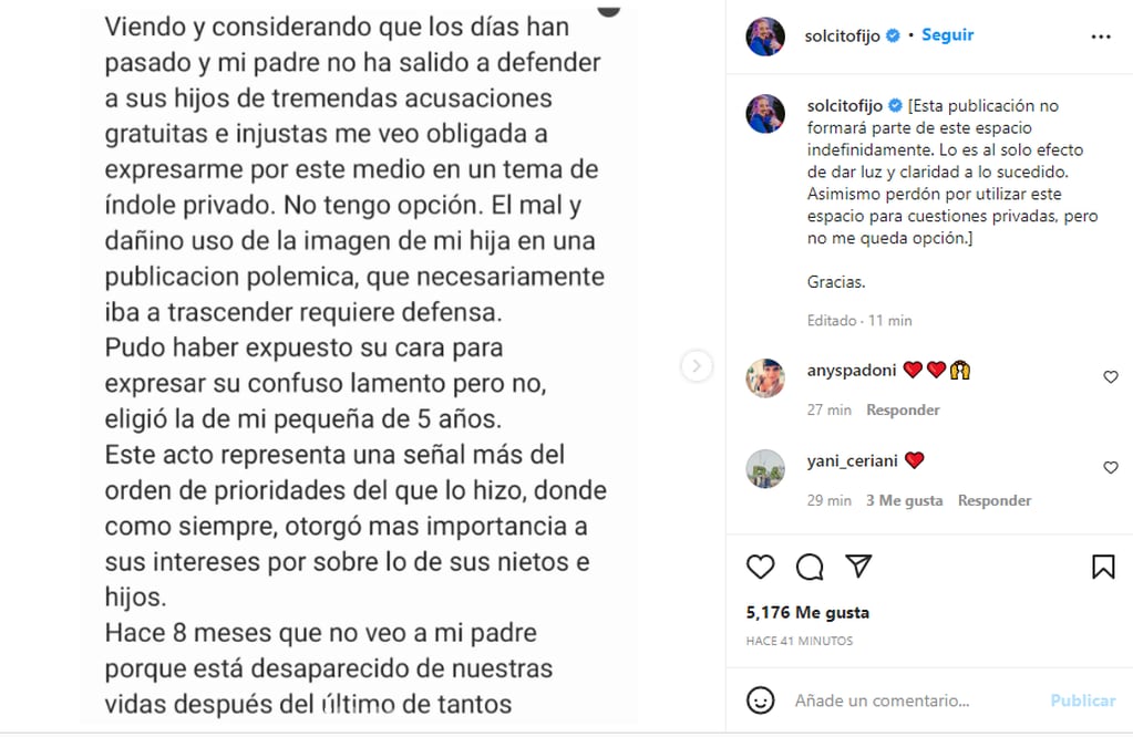 Fuertes declaraciones de Sol Fijo contra su padre. (Instagram @solcitofijo)