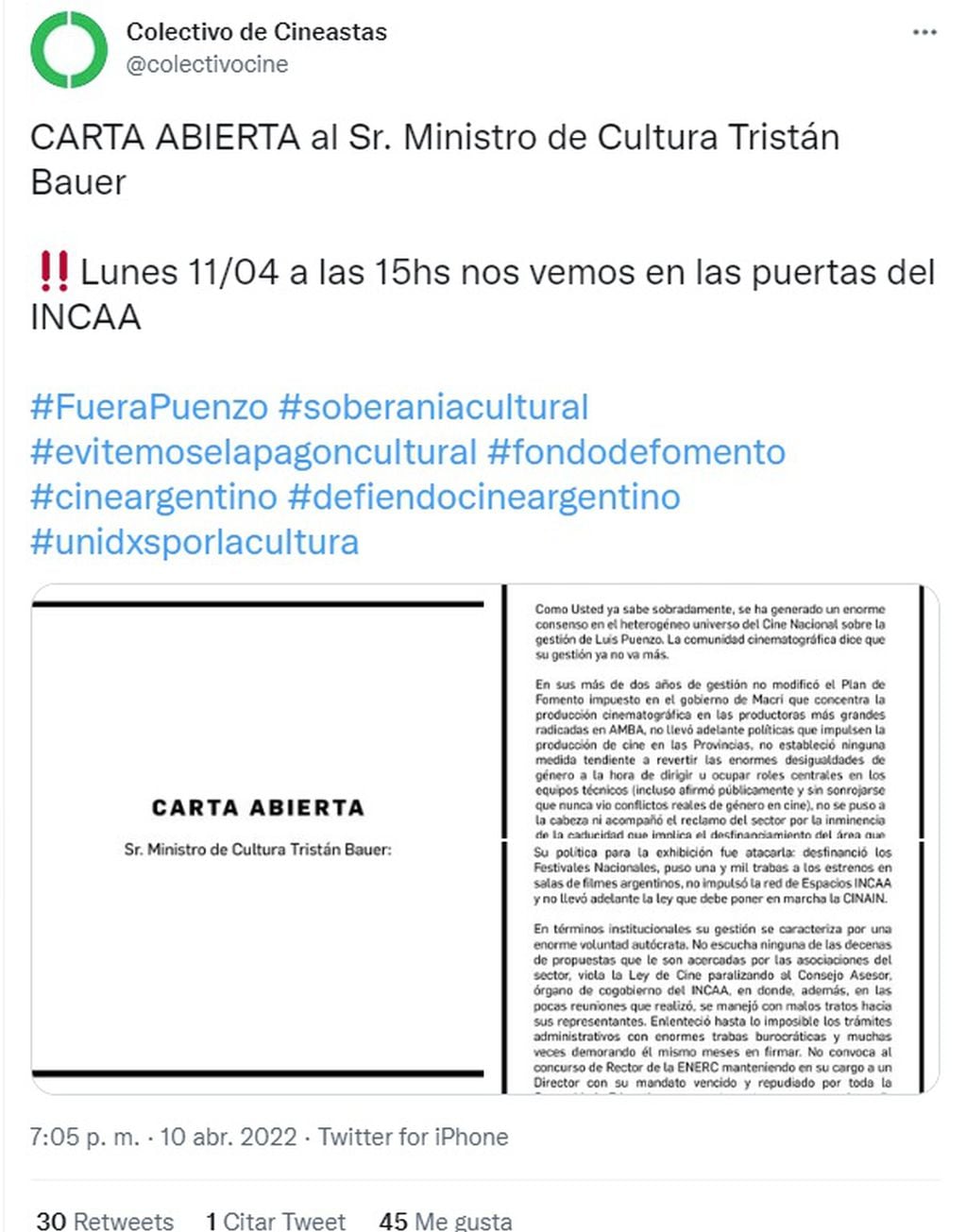 Carta del Colectivo de Cineastas contra la conducción actual del Incaa (Twitter)