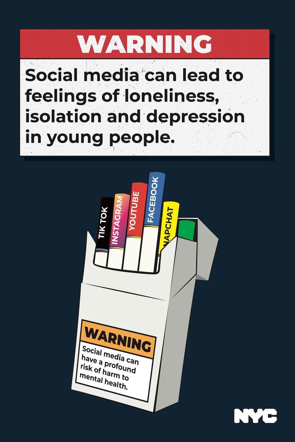 "Atención: las redes sociales pueden conducir a sentimientos de soledad, aislamiento y depresión en los jóvenes",  expresa uno de las propagandas de la campaña del alcalde Eric Adams.Foto: X / @NYCMayor