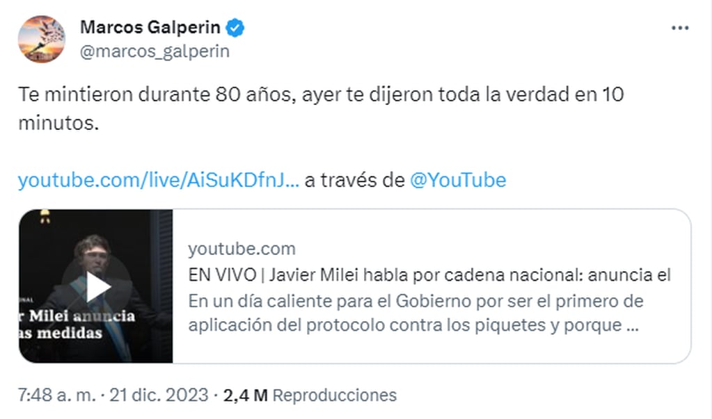 El mensaje de Marcos Galperín felicitando a Javier Milei.