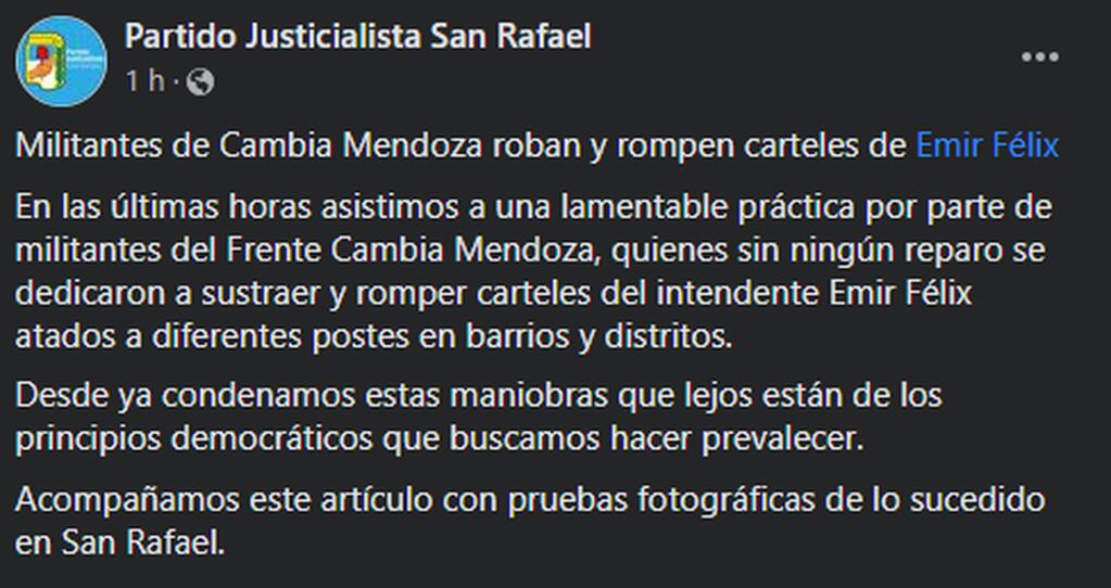 Posteo del Partido Justicialista de San Rafael.