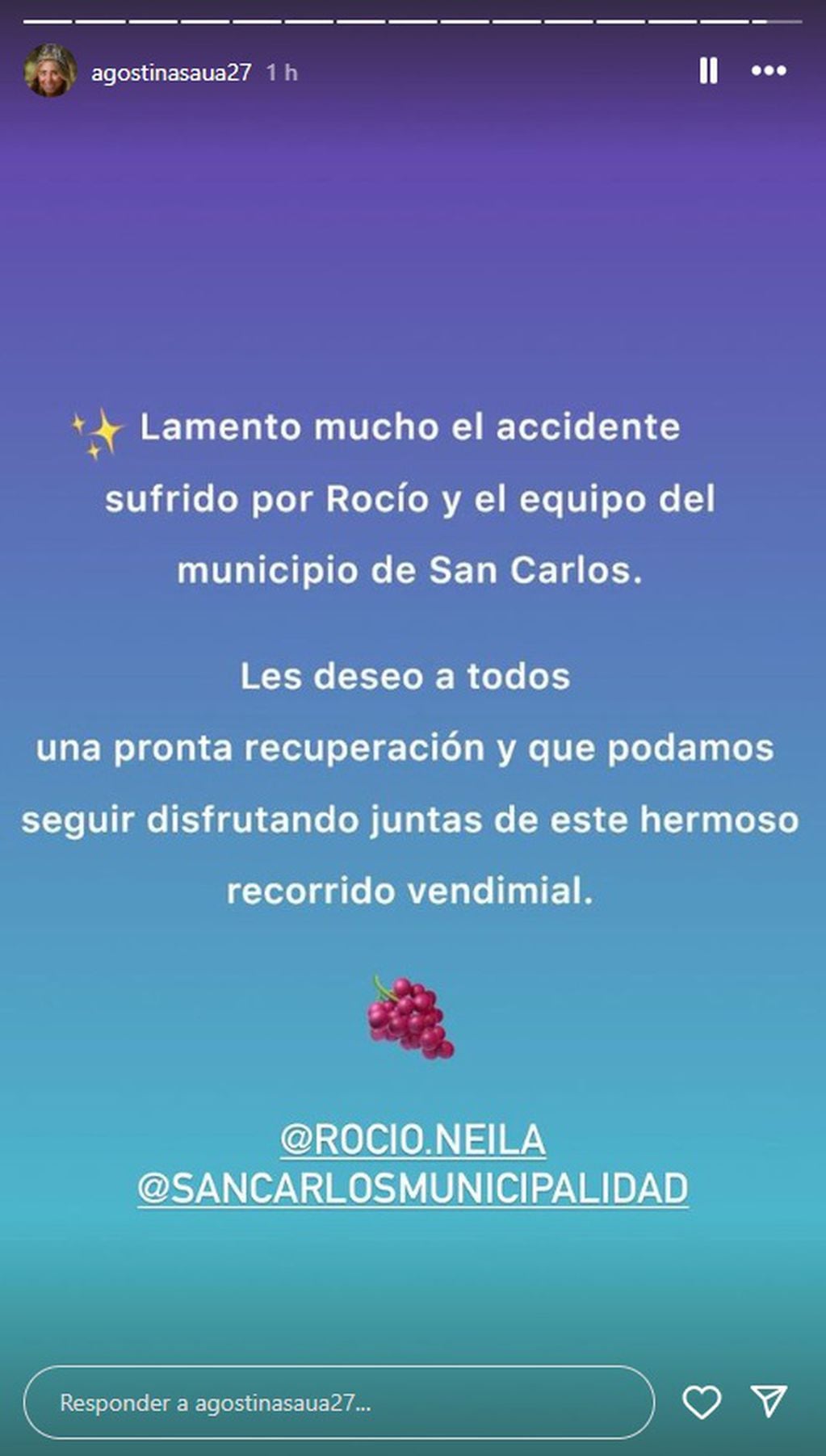 El mensaje de Agostina Saua, Reina de la Ciudad, para Rocío Neila, su compañera de San Carlos, tras el choque (Instagram)