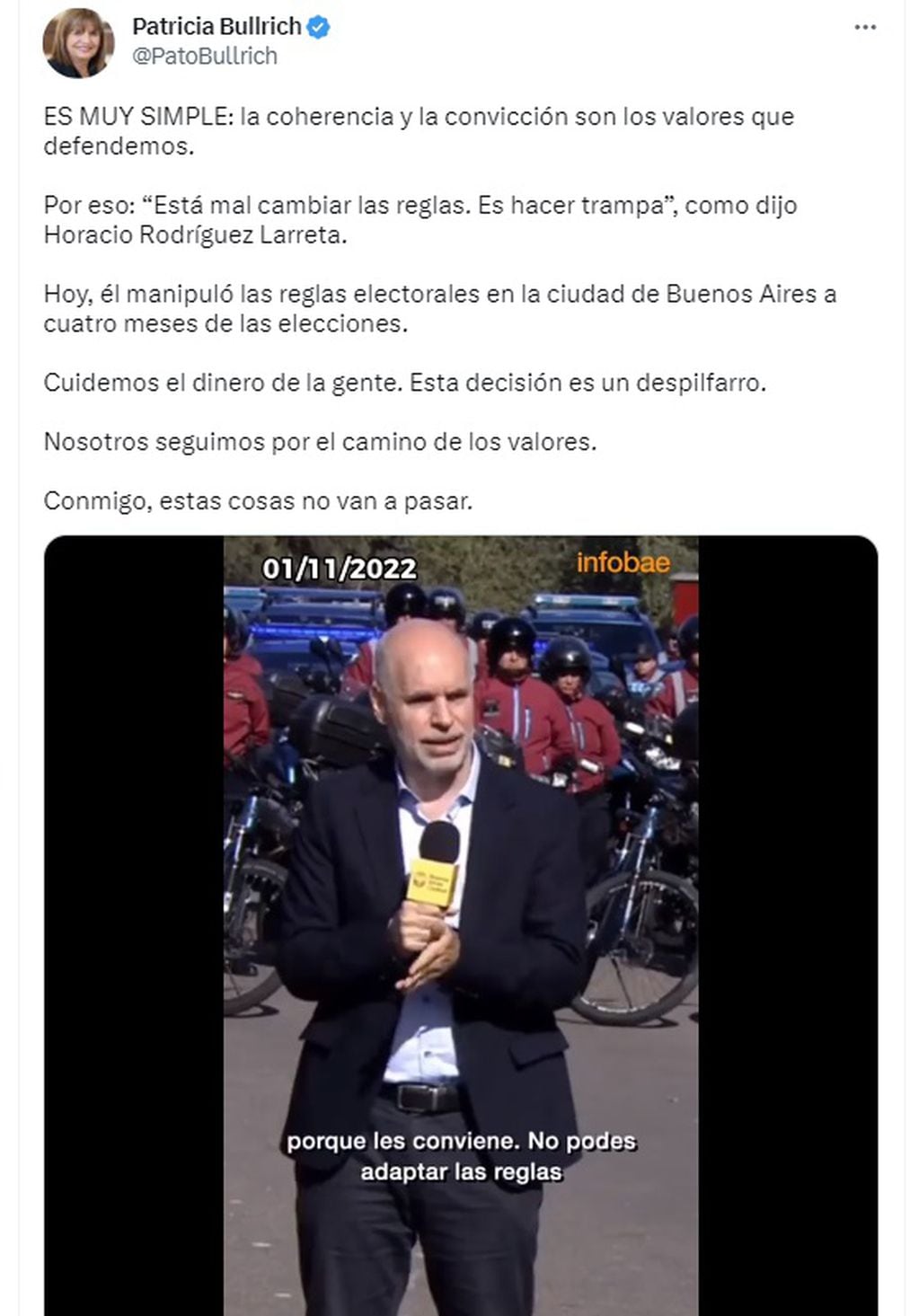 Patricia Bullrich criticó a Rodríguez Larreta por desdoblar elecciones en CABA y sumó un "carpetazo" en video (Twitter)