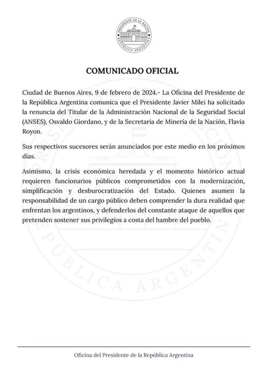 Comunicado oficial: pedido de renuncia a Osvaldo Giordano. Foto: X / @OPRArgentina