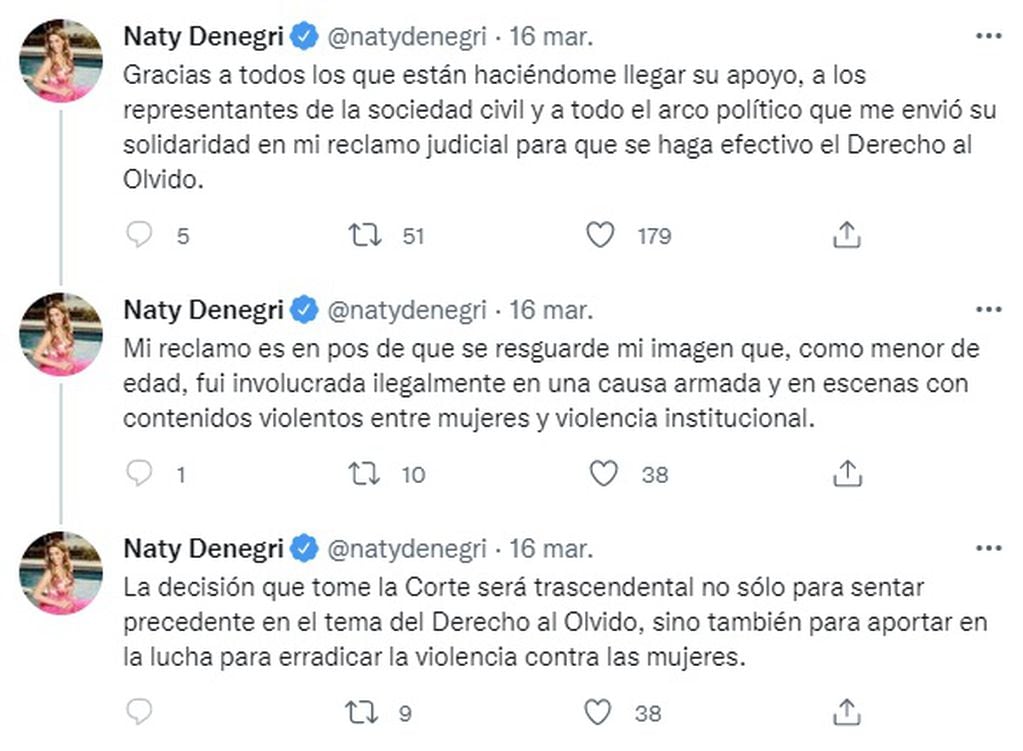 Natalia Denegri pide el derecho al olvido (Twitter)