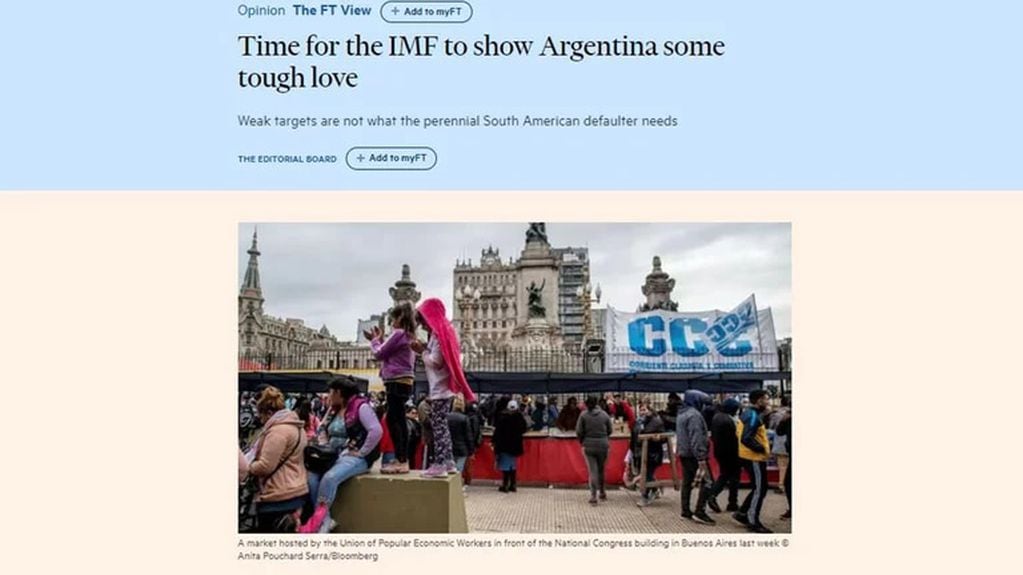 La portada del editorial de Financial Times sobre Argentina