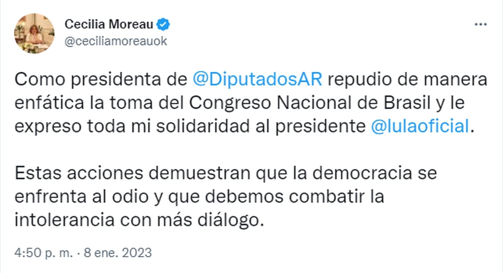 La presidenta de la Cámara de Diputados se sumó a los repudios por el ataque en Brasil.
