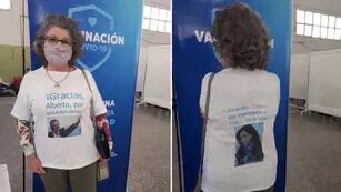 Jubilada se vacunó con la Sputnik V y le dedicó la remera a Alberto Fernández y Cristina Kirchner
