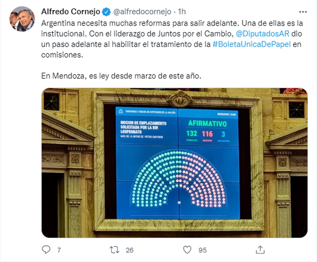 El ex gobernador Alfredo Cornejo remarcó el rol de Juntos por el Cambio para avanzar en el debate.