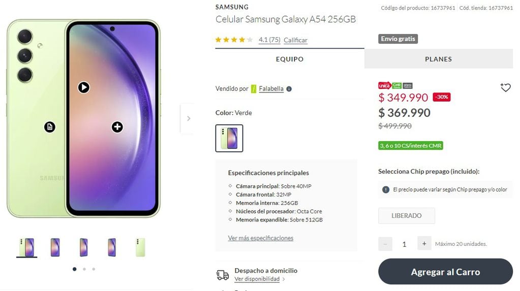 Precio de Samsung A54 en Falabella (Chile)
