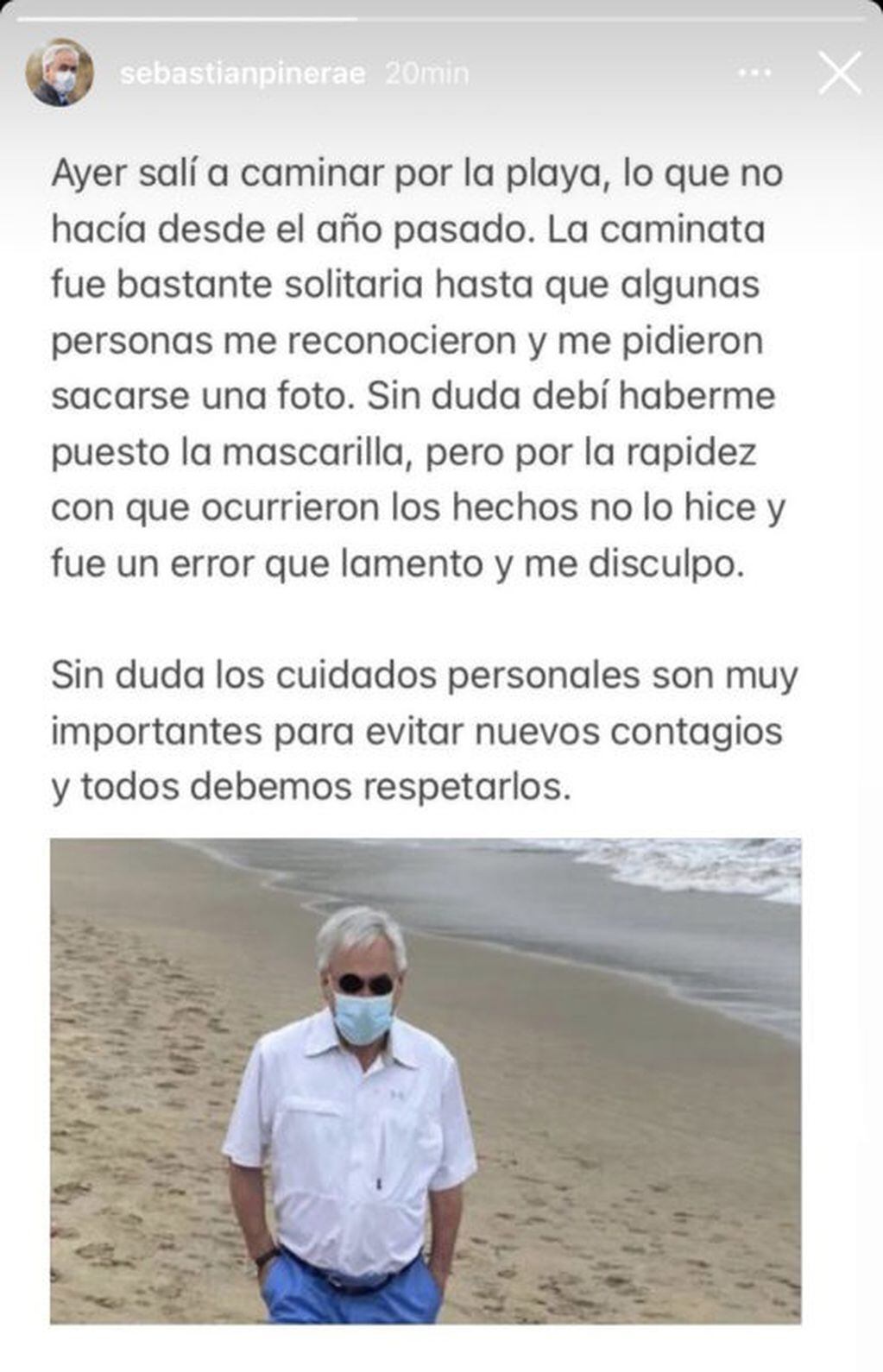 El pedido de disculpas de Piñera vía Instagram Stories. / Gentileza