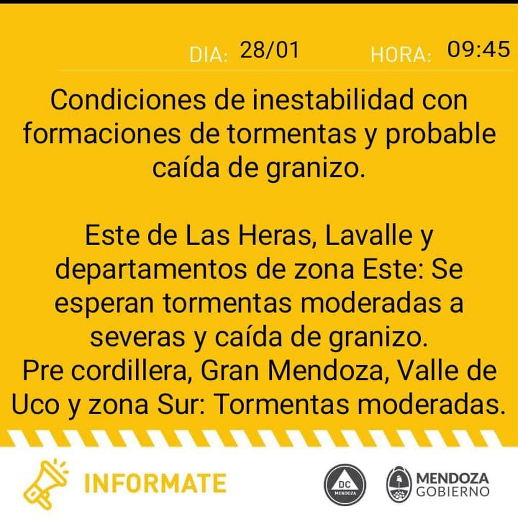 Continúa el alerta amarilla por fuertes tormentas en Mendoza.