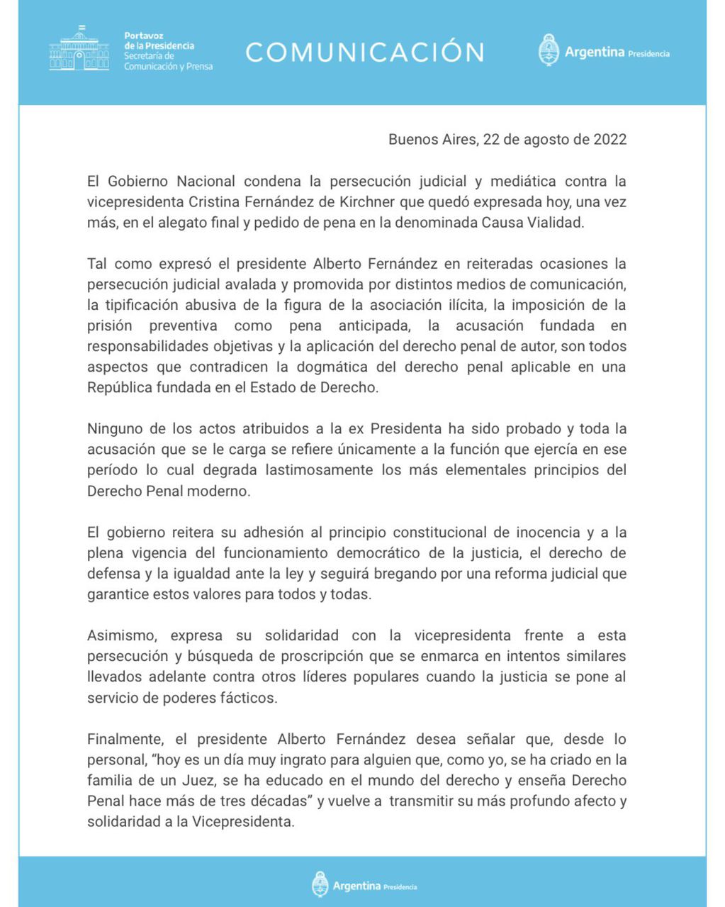 El comunicado que realizó Alberto Fernández en defensa de Cristina Kirchner. 