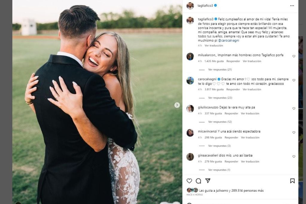 Nicolás Tagliafico y un romántico posteo para su esposa, Caro Calvagni. Gentileza Instagram.