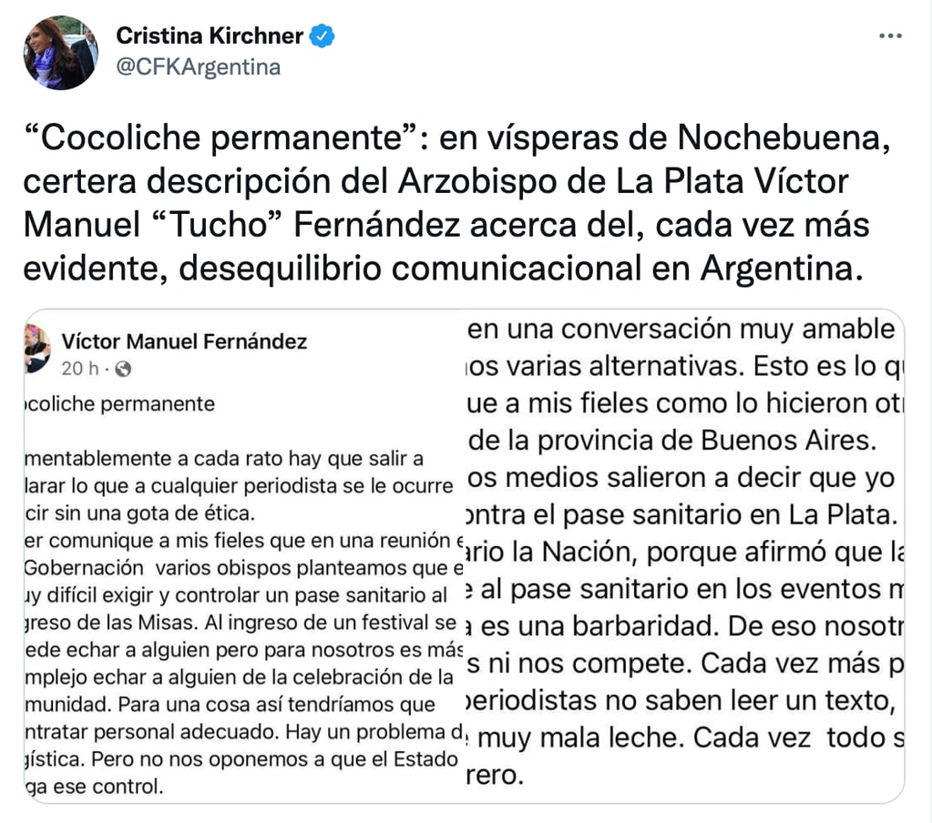 CFK apoyó al arzobispo de La Plata que criticó a los medios