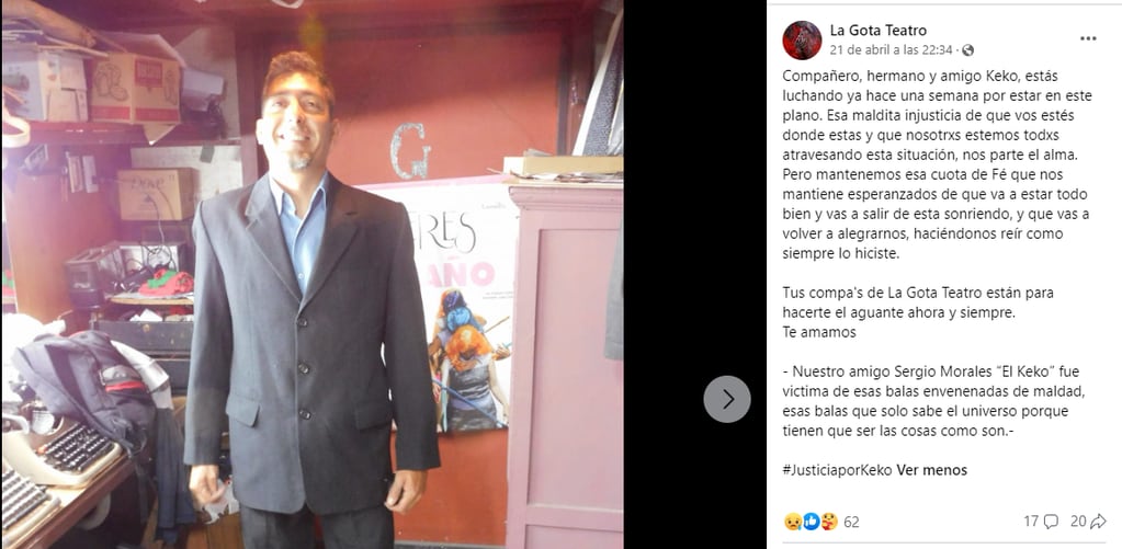 Sergio Morales tenía 39 años y era parte de La Gota Teatro, quienes lo despidieron con sentidas palabras en Facebook.