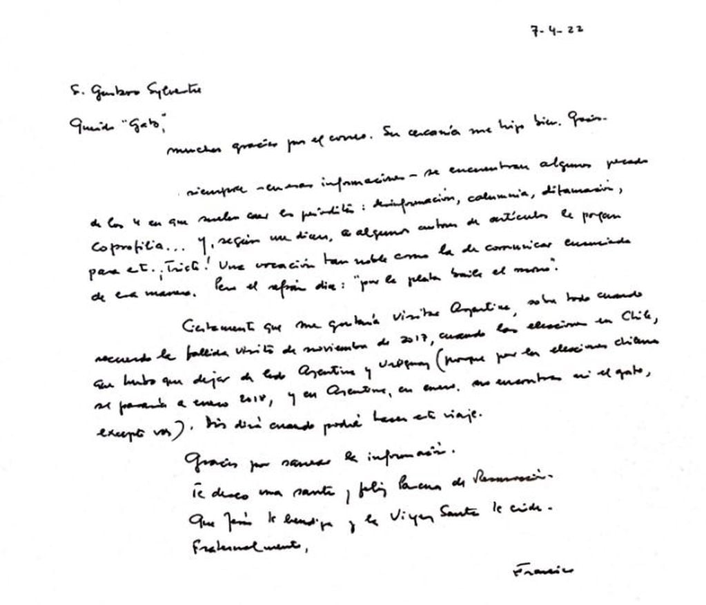 La carta del papa Francisco a Gustavo Sylvestre (gustavosylvestre.com)