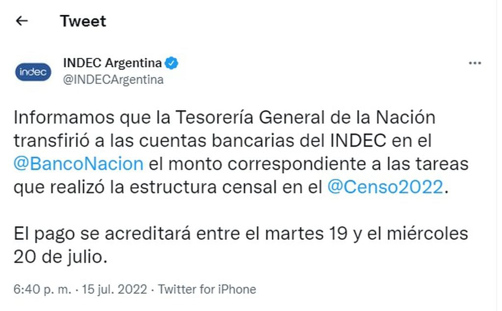 Los censistas cobrarán desde este martes, a dos meses desde que realizaron su labor. Así lo confirmó el INDEC en su cuenta de Twitter.