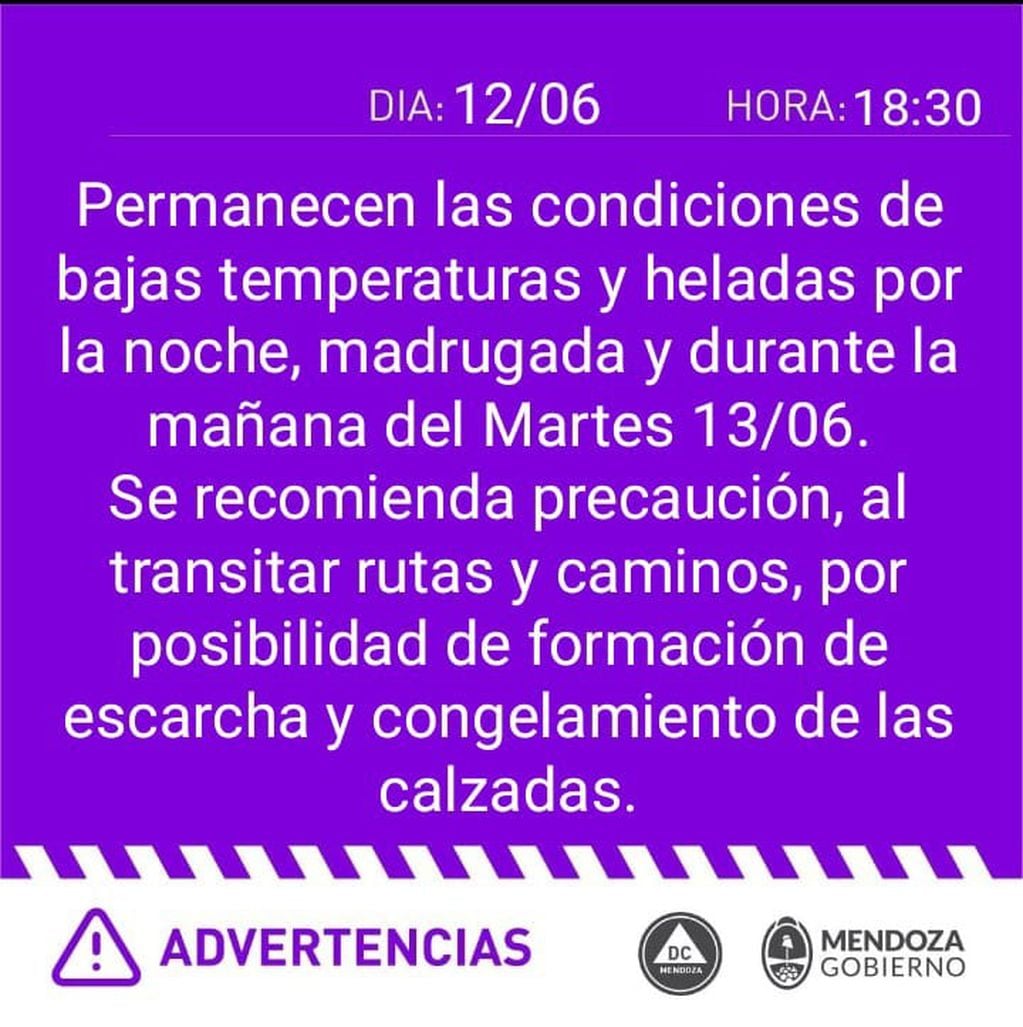 Alerta del Gobierno provincial para la noche de este lunes 12 y martes 13 de junio. Foto: Gobierno de Mendoza.