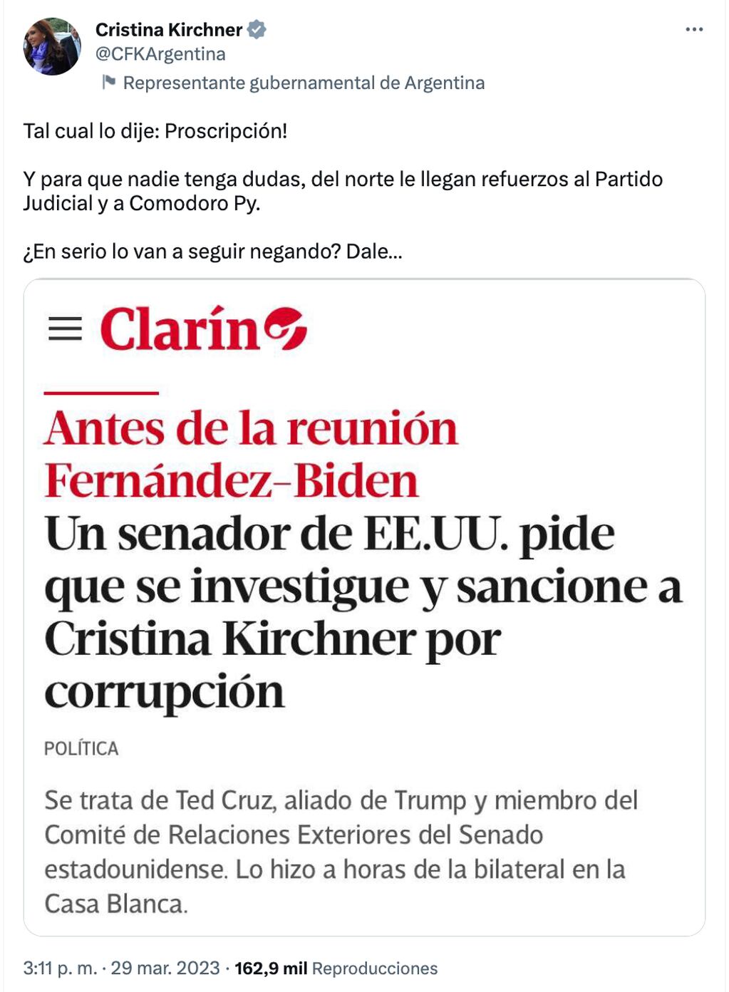 Cristina Kirchner salió al cruce de acusaciones del senador republicano Ted Cruz.