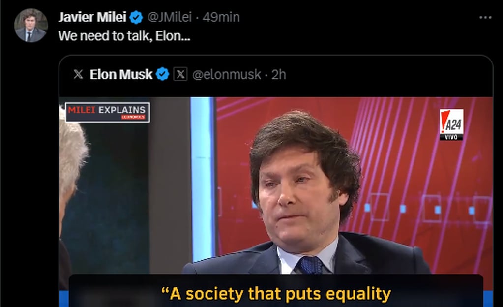 La respuesta de Javier Milei a Elon Musk. Foto: captura.