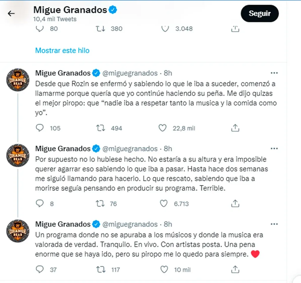 La publicación en Twitter de Migue Granados a horas de la muerte de Rozín, que confirma que él lo buscó. 