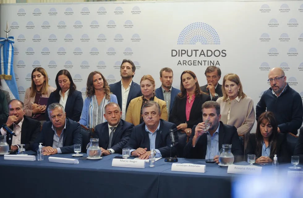 Cornejo, Juez, Negri, Ritondo y Reyes durante la conferencia de prensa en el Salón Delia Parodi. Foto: Federico López Claro
