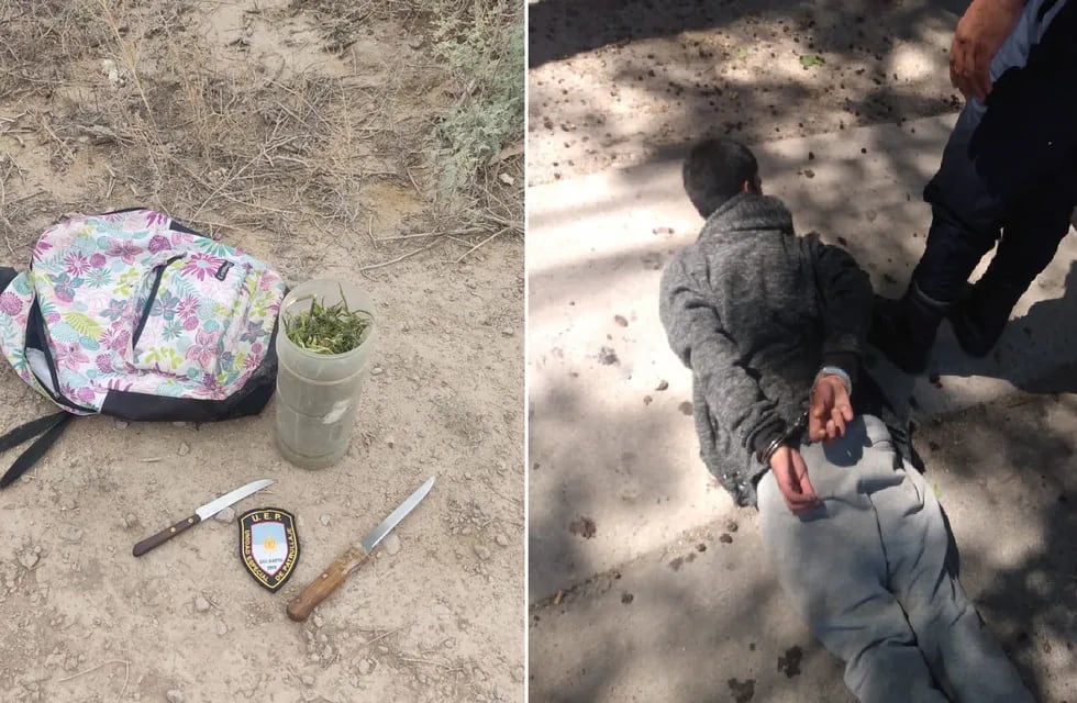 Detuvieron a un joven de 20 años en San Martín tras robarle a la bicicleta a una señora para huir con dos cuchillos y un frasco con marihuana. - Foto: Ministerio de Seguridad