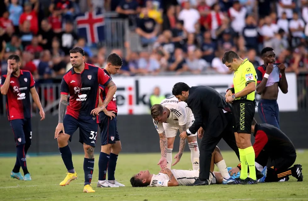 Paulo Dybalal of Roma injured  during the Serie A TIM match between Cagliari Calcio and AS Roma at Sardegna Arena on October 08, 2023 in Cagliari, Italy.