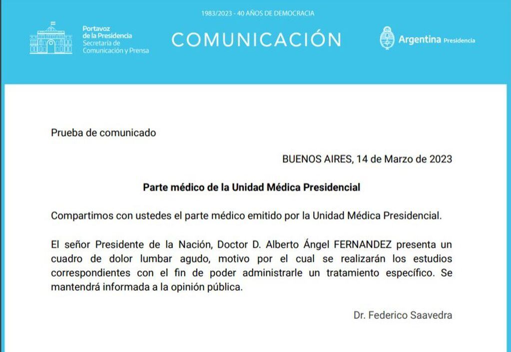 El parte médico de Alberto Fernández