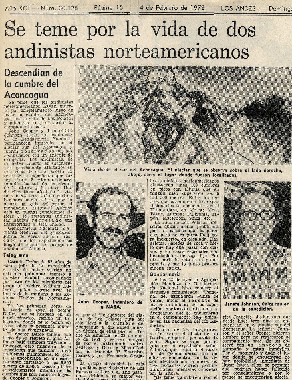 Cobertura de Los Andes en 1973 sobre los andinistas fallecidos en el cerro Aconcagua (Archivo)