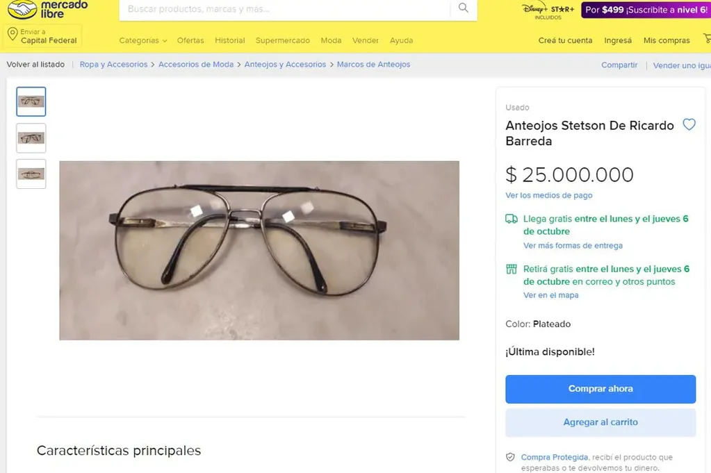 Los anteojos de Barreda en venta. Foto: Web