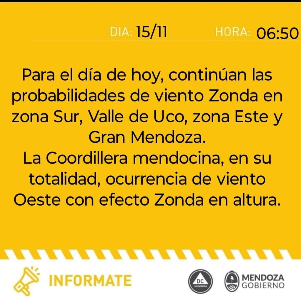 Alerta amarilla de Zonda en Mendoza (Defensa Civil)