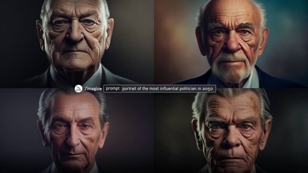 Ejemplo de sesgo de la IA al mostrar solo hombres blancos y maduros al pedirle un retrato del político más influyente en 2050.