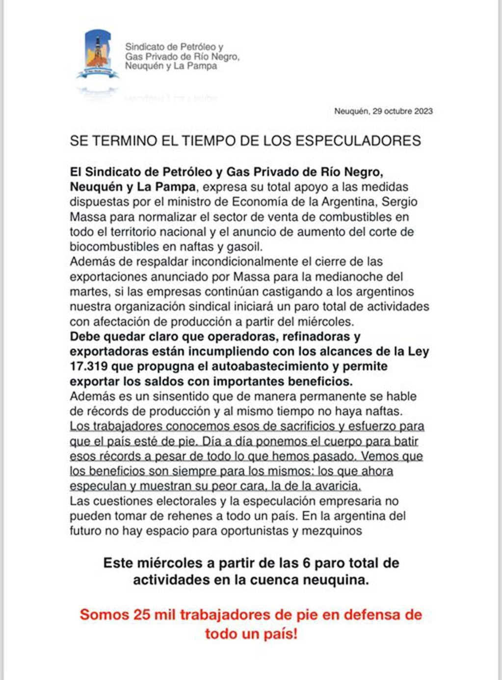 El comunicado de la Confederación Argentina de Trabajadores y Empleados de Hidrocarburos Energía Combustibles Derivados y Afines. Foto X / @CATHEDAINFORMES