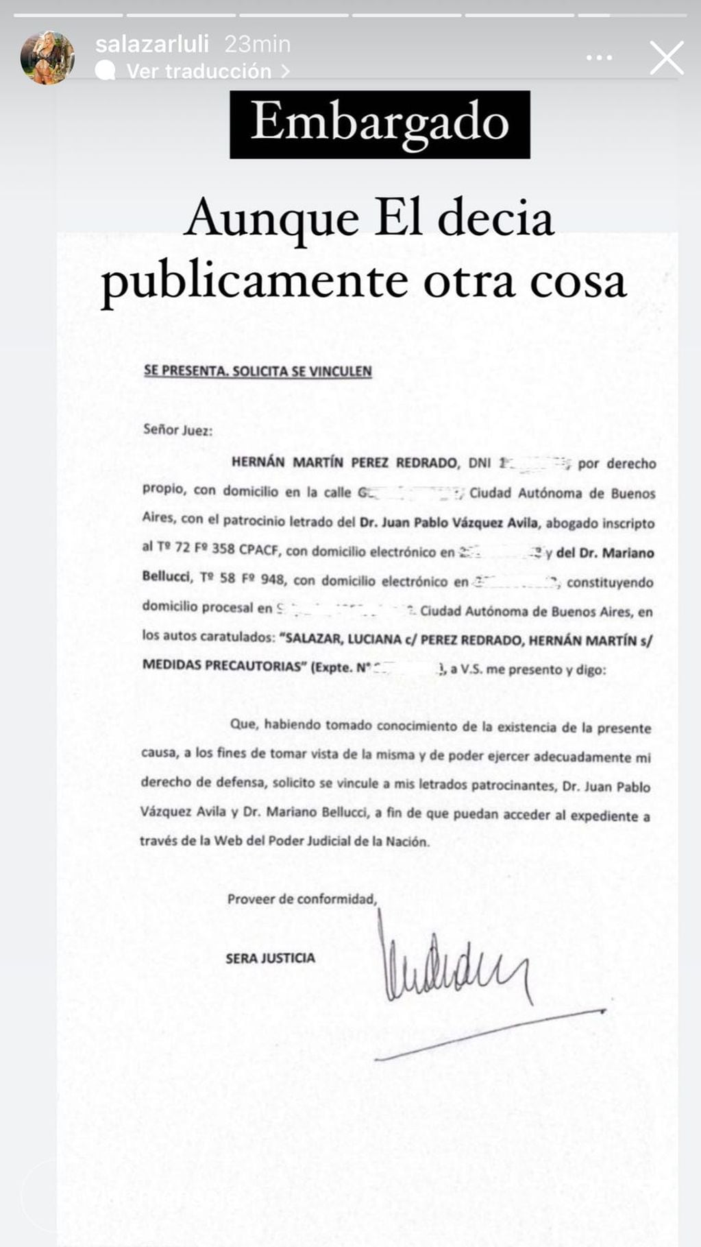 Embargan a Martín Redrado por los problemas judiciales con Luciana Salazar.