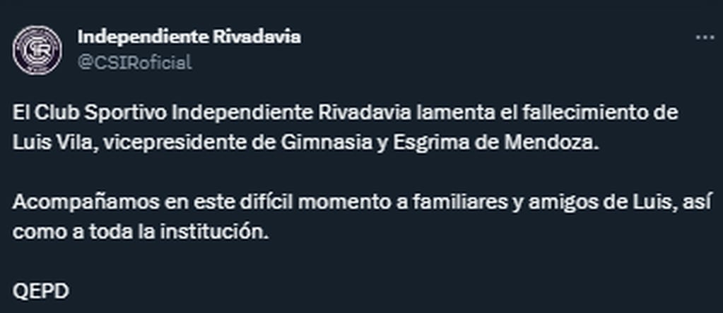 El saludo de Independiente Rivadavia al club Gimnasia