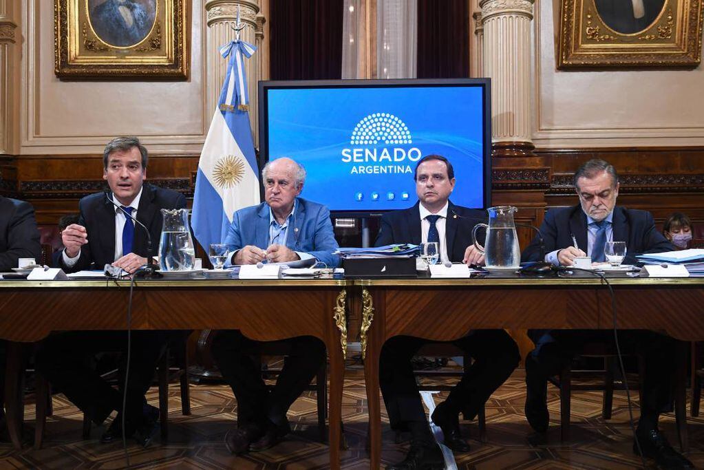 Martín Soria, Oscar Parrilli, Guillermo Snopek y Alberto Lugones durante el debate en el Salón Illia (Foto: Comunicación Senado)