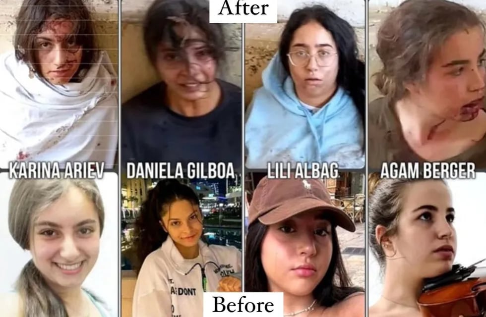 El antes y el después de las 4 mujeres secuestradas por los terroristas de Hamás unas horas después de los ataques del 7 de octubre. Tienen entre 19 y 20 años.